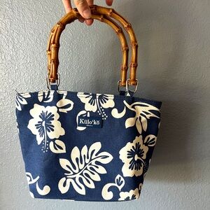 Kulo Ko Gear Canvas Purse Handbag Blue w White Hibiscus Bamboo Handles Hawaiian
